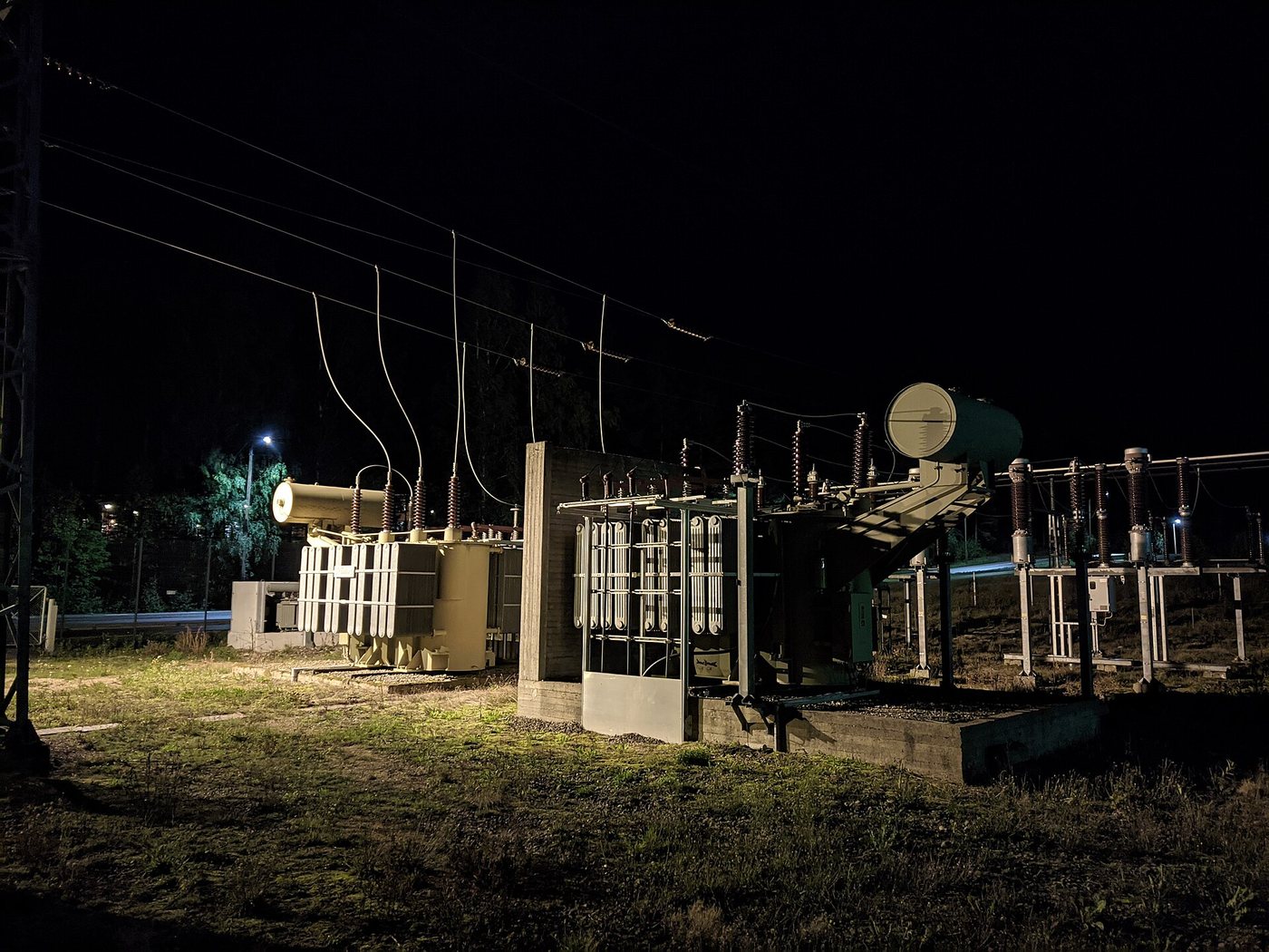 Electrical substation at night