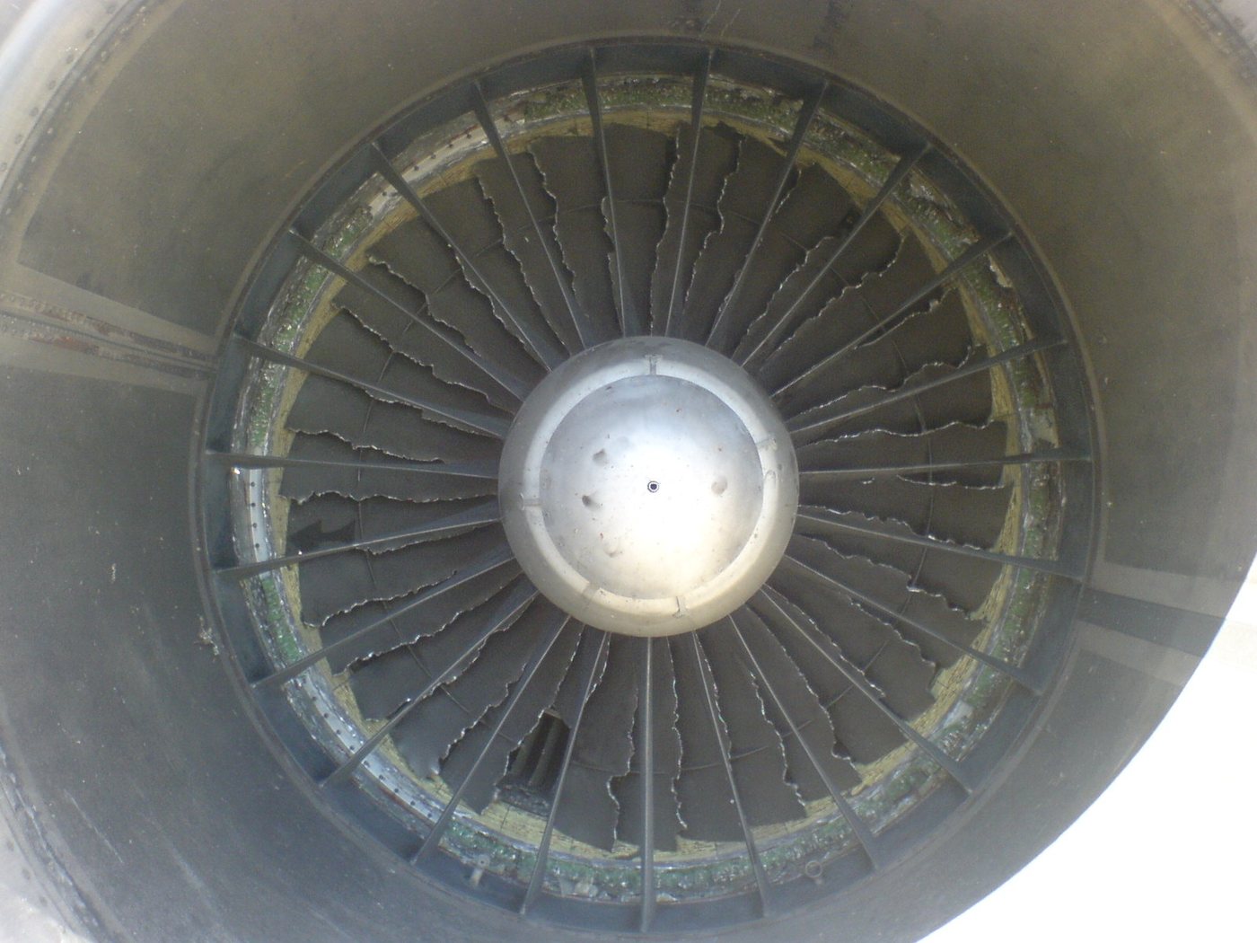 A JT8D jet engine damaged by a bird strike