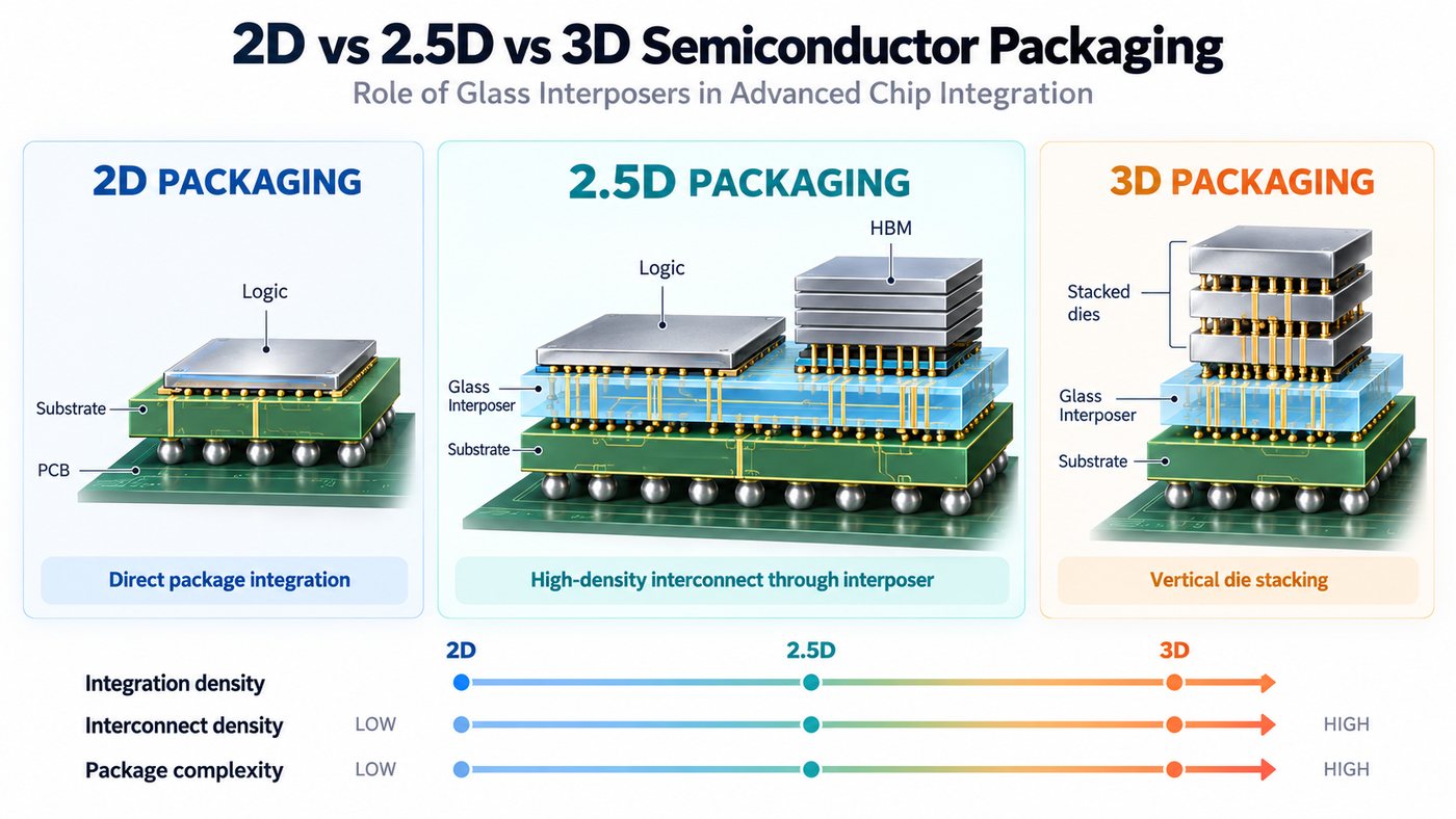 Diagram of 2D, 2.5D and 3D semiconductor packaging