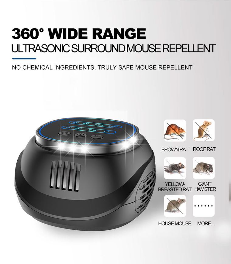 Ultrasonic Rodent Repeller with 4-Sided Strobe Light & Digital Timer details 3